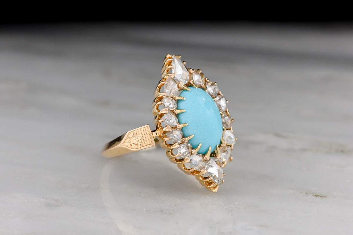 Victorian-Era, French-Stamped Gold, Turquoise, and Rose Cut Diamond Right-Hand Ring