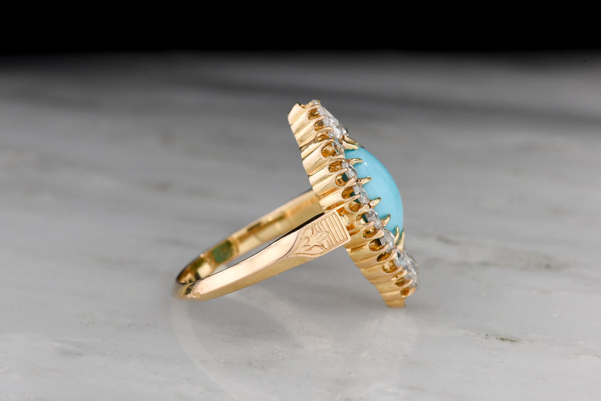 Victorian-Era, French-Stamped Gold, Turquoise, and Rose Cut Diamond Right-Hand Ring