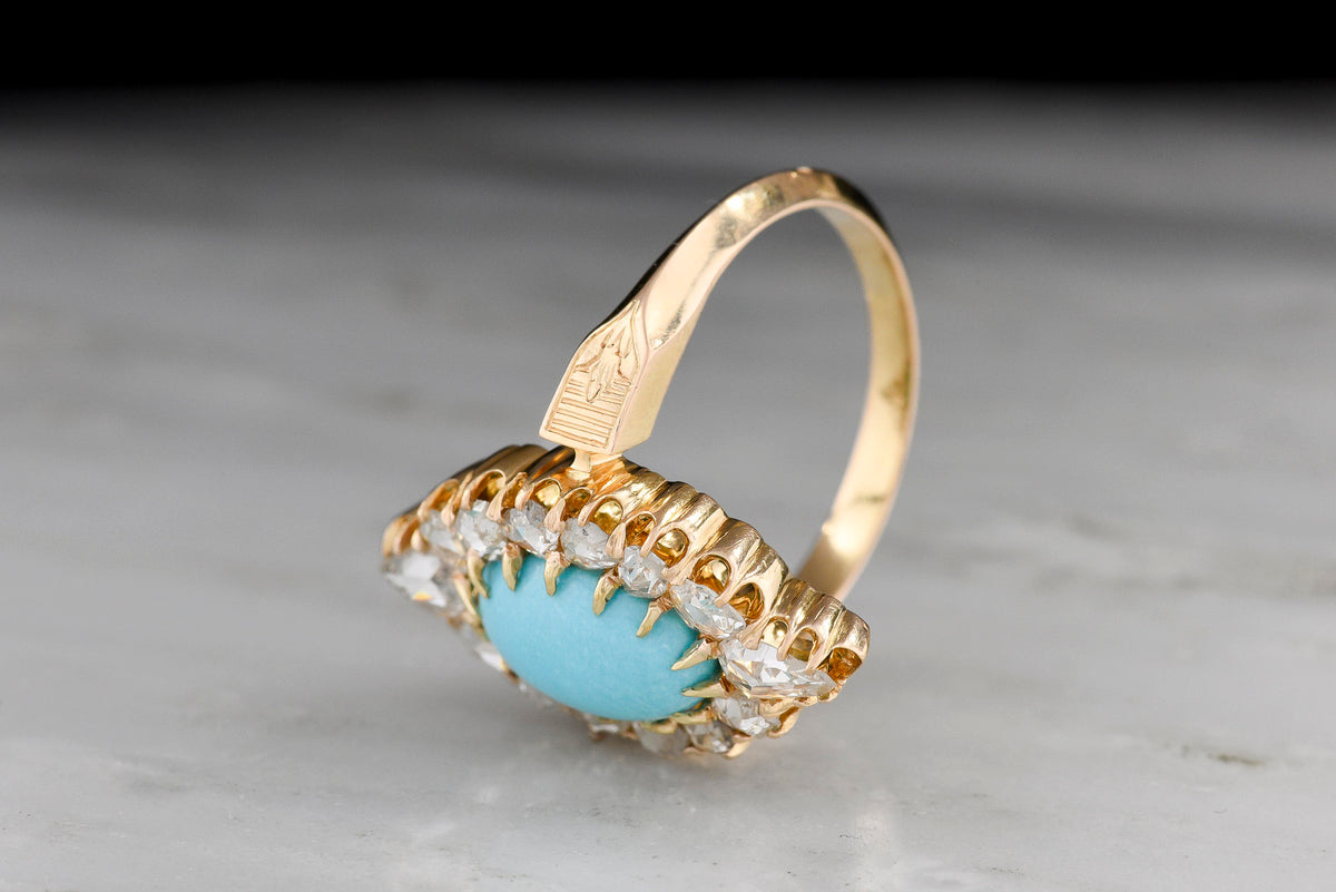 Victorian-Era, French-Stamped Gold, Turquoise, and Rose Cut Diamond Right-Hand Ring