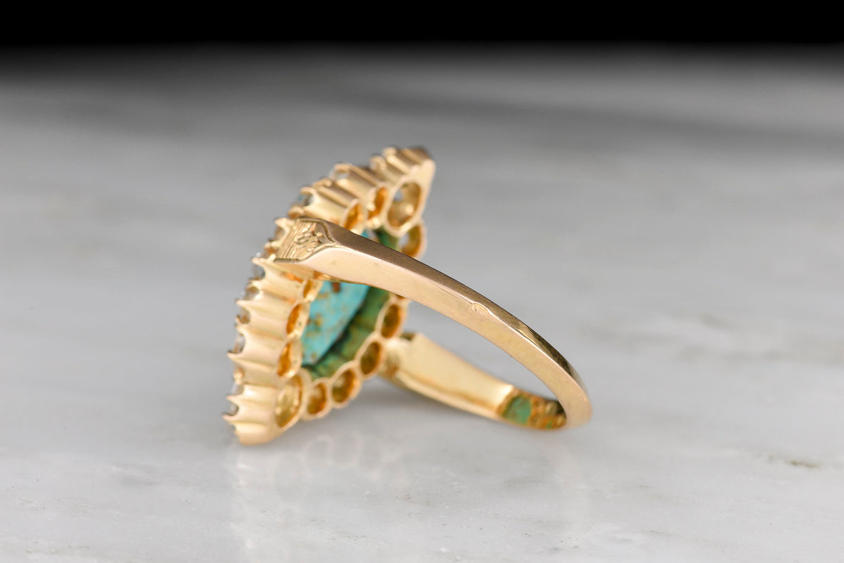 Victorian-Era, French-Stamped Gold, Turquoise, and Rose Cut Diamond Right-Hand Ring