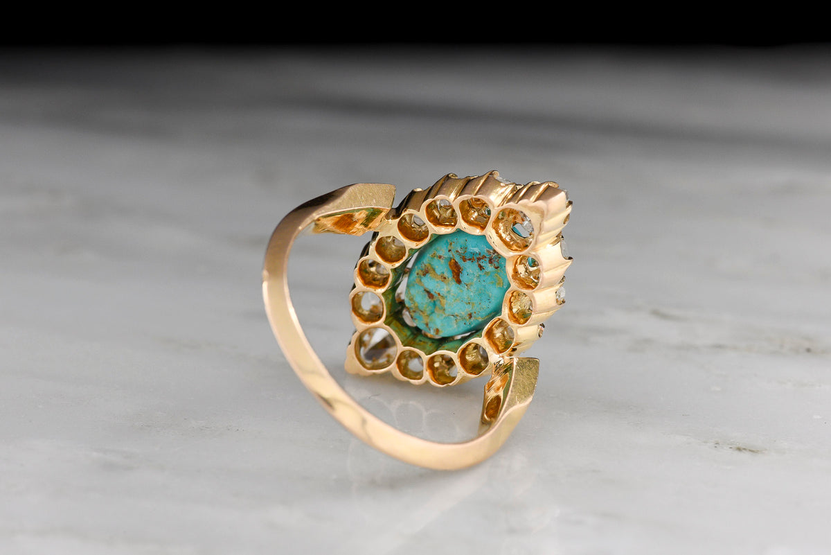 Victorian-Era, French-Stamped Gold, Turquoise, and Rose Cut Diamond Right-Hand Ring