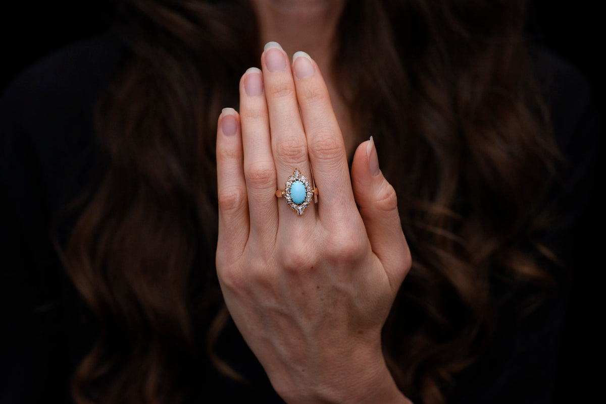 Victorian-Era, French-Stamped Gold, Turquoise, and Rose Cut Diamond Right-Hand Ring