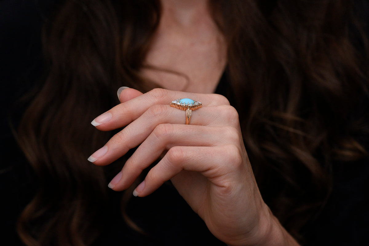 Victorian-Era, French-Stamped Gold, Turquoise, and Rose Cut Diamond Right-Hand Ring