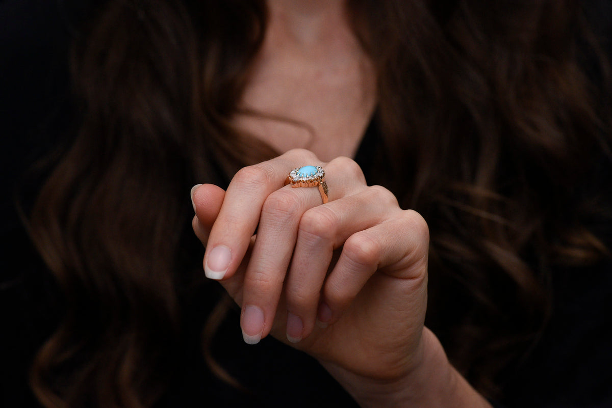 Victorian-Era, French-Stamped Gold, Turquoise, and Rose Cut Diamond Right-Hand Ring