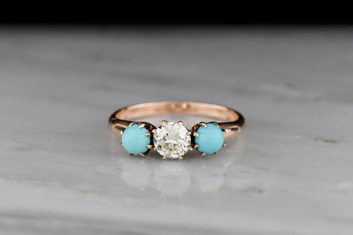 c. 1900 Gold Three-Stone Transitional Cut Diamond Ring with Turquoise Accents