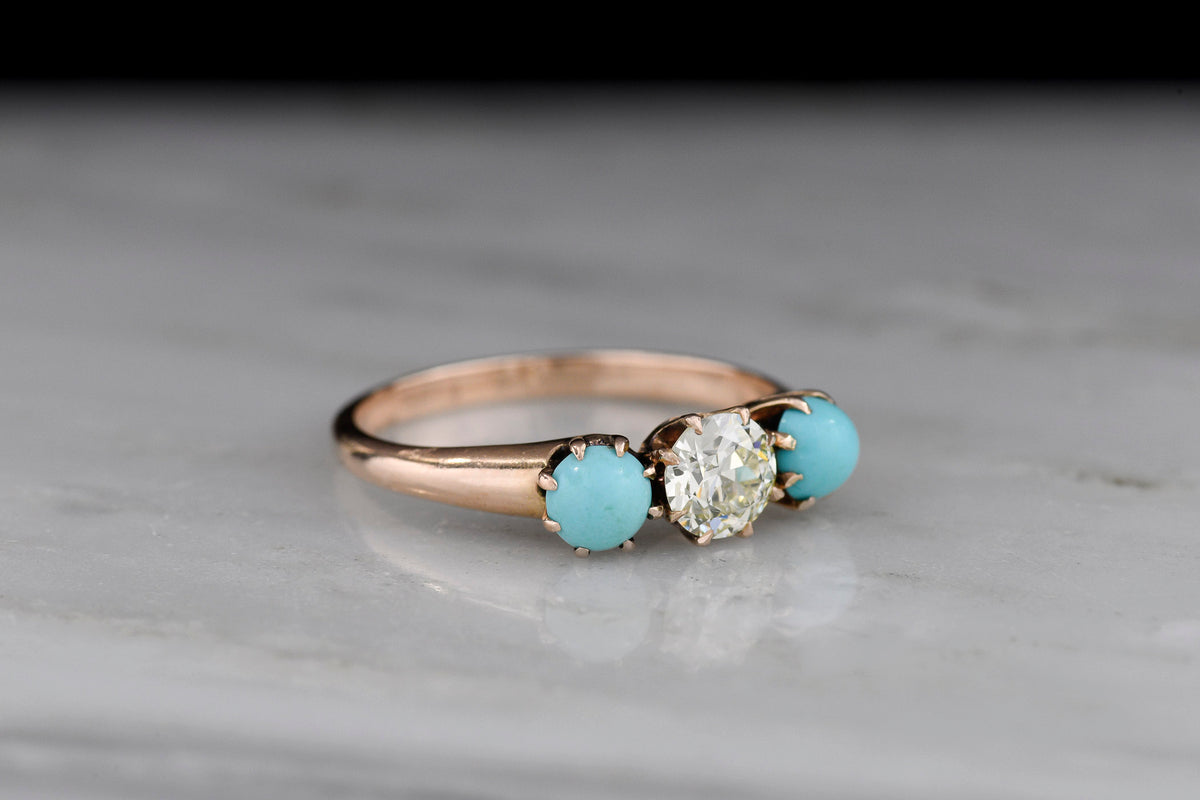 c. 1900 Gold Three-Stone Transitional Cut Diamond Ring with Turquoise Accents