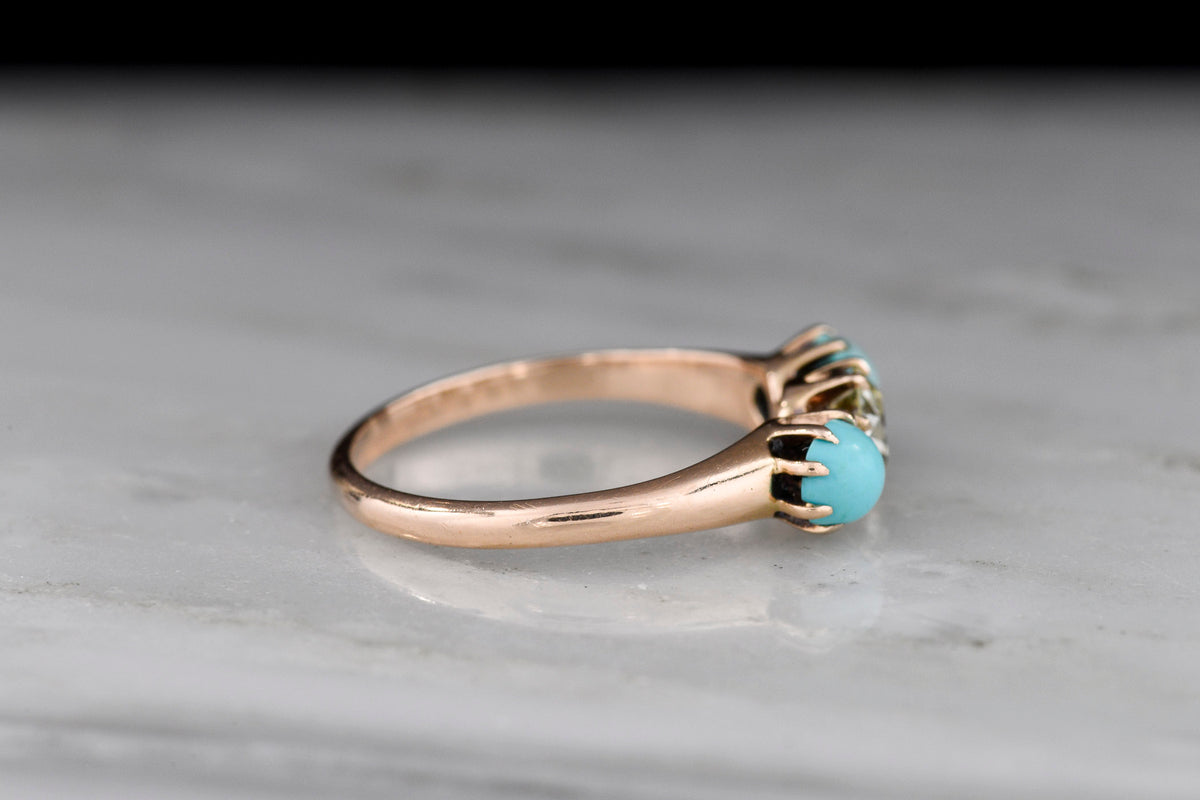 c. 1900 Gold Three-Stone Transitional Cut Diamond Ring with Turquoise Accents