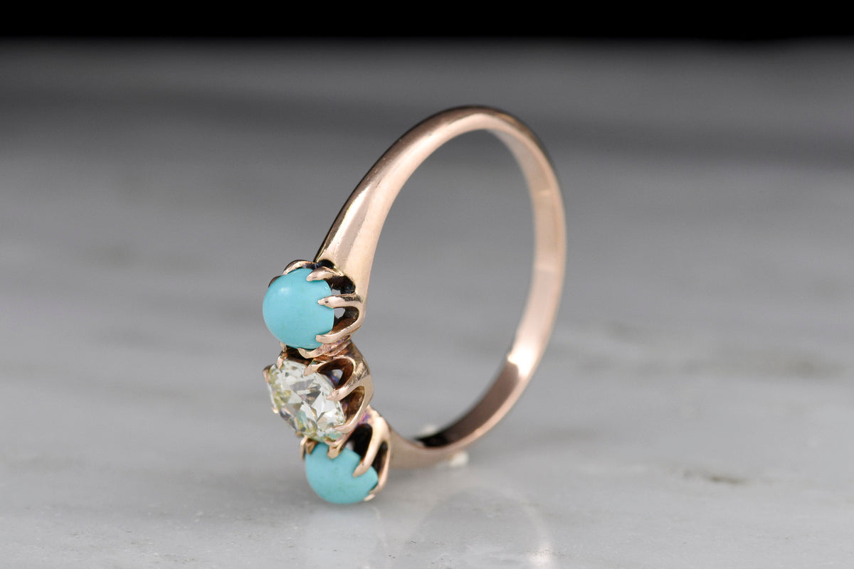 c. 1900 Gold Three-Stone Transitional Cut Diamond Ring with Turquoise Accents