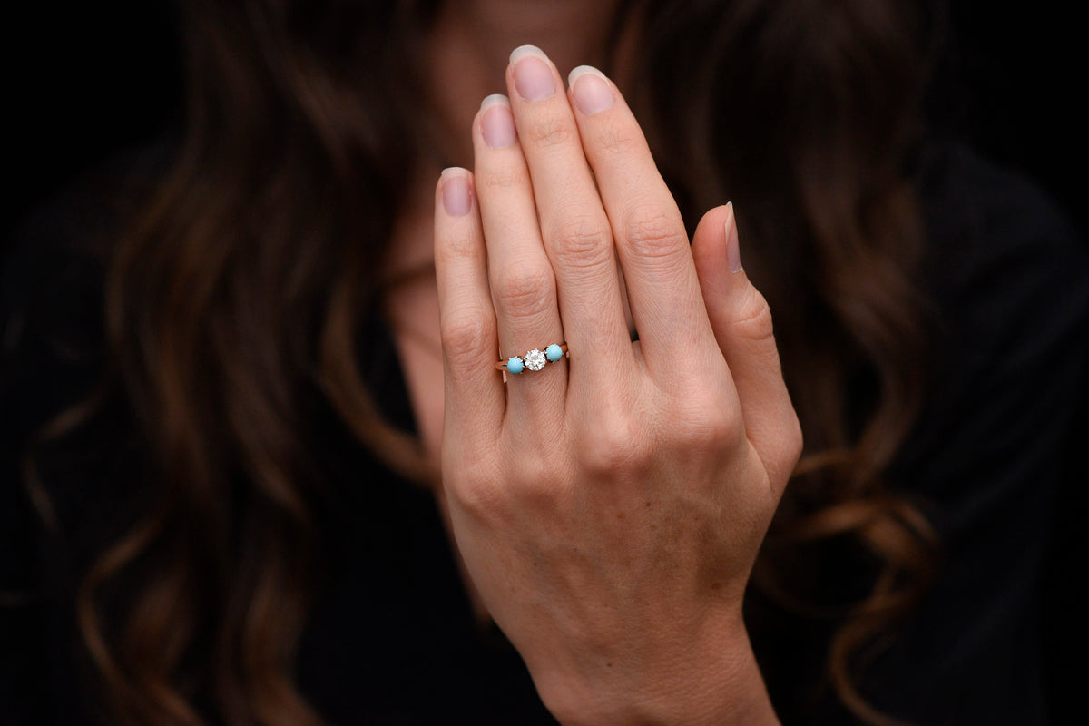 c. 1900 Gold Three-Stone Transitional Cut Diamond Ring with Turquoise Accents