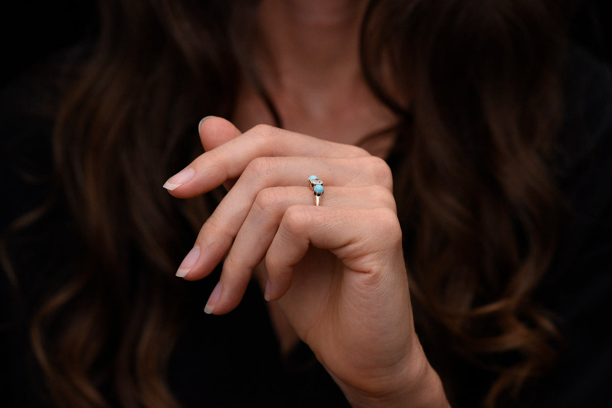 c. 1900 Gold Three-Stone Transitional Cut Diamond Ring with Turquoise Accents