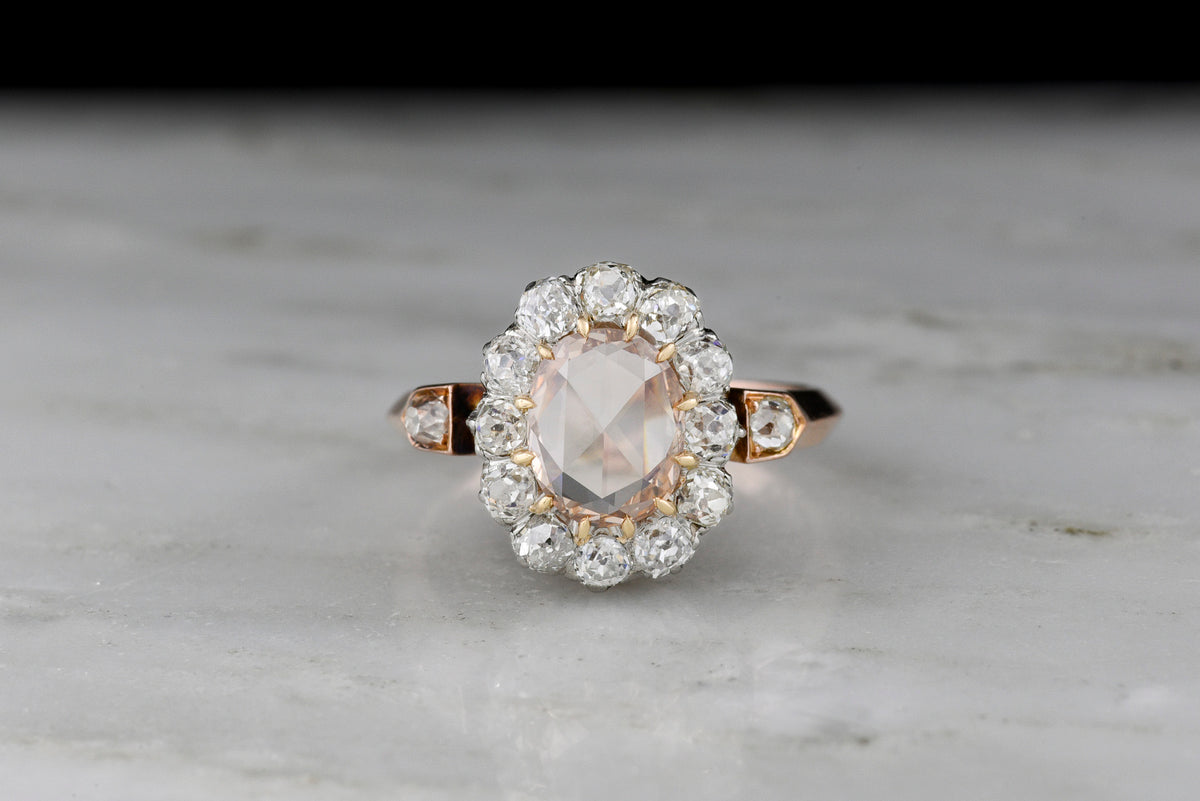 Antique French Cluster Ring with a Natural Fancy Brown-Orange [Rosé/Pink] Rose Cut Diamond