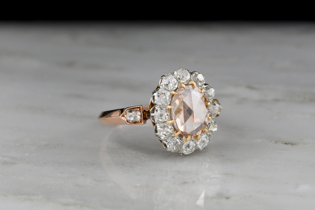Antique French Cluster Ring with a Natural Fancy Brown-Orange [Rosé/Pink] Rose Cut Diamond