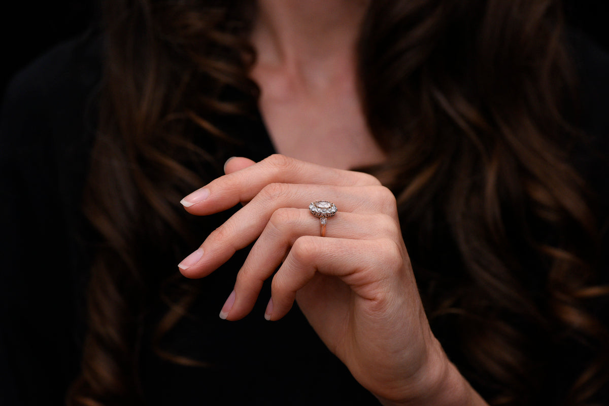 Antique French Cluster Ring with a Natural Fancy Brown-Orange [Rosé/Pink] Rose Cut Diamond