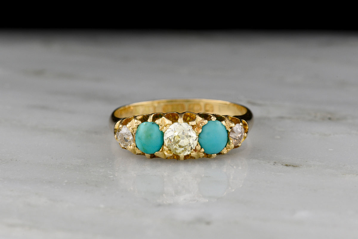1897 Victorian Five-Stone Old Mine Cut Diamond and Turquoise Ring, from Birmingham