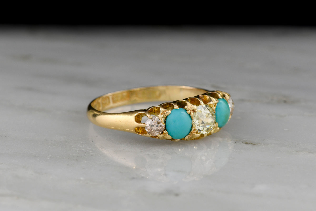 1897 Victorian Five-Stone Old Mine Cut Diamond and Turquoise Ring, from Birmingham