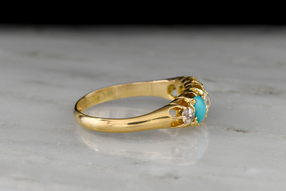 1897 Victorian Five-Stone Old Mine Cut Diamond and Turquoise Ring, from Birmingham
