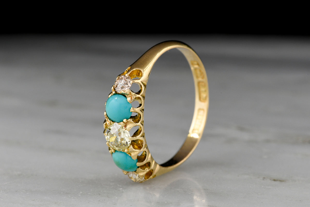 1897 Victorian Five-Stone Old Mine Cut Diamond and Turquoise Ring, from Birmingham