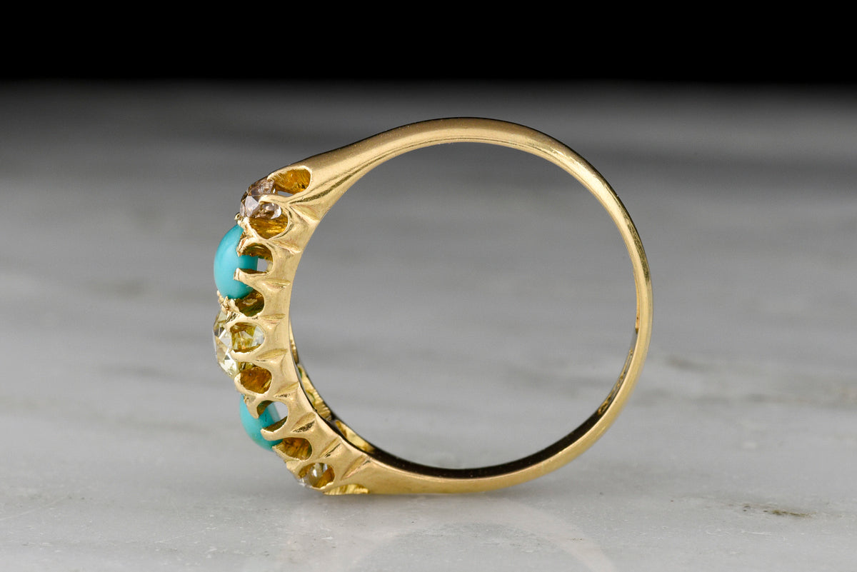 1897 Victorian Five-Stone Old Mine Cut Diamond and Turquoise Ring, from Birmingham