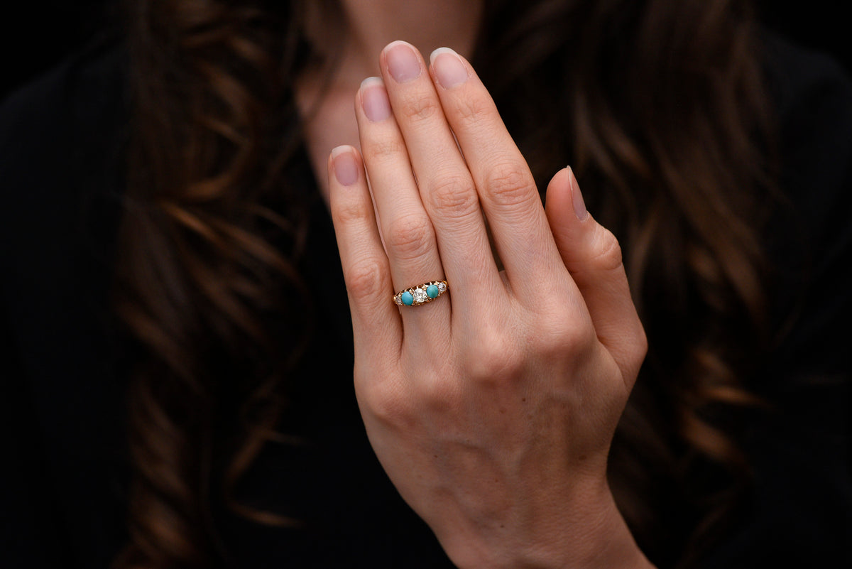 1897 Victorian Five-Stone Old Mine Cut Diamond and Turquoise Ring, from Birmingham