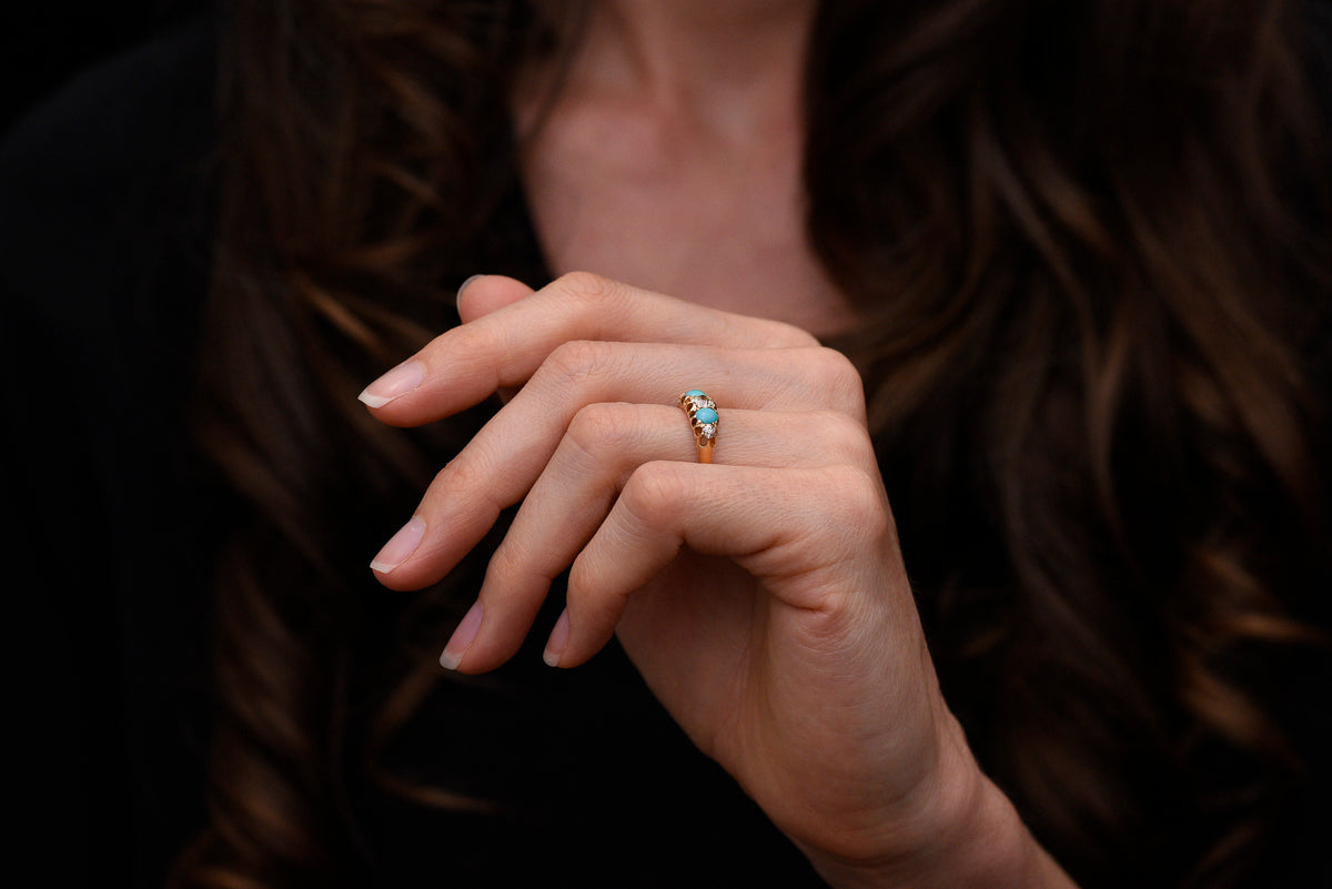 1897 Victorian Five-Stone Old Mine Cut Diamond and Turquoise Ring, from Birmingham