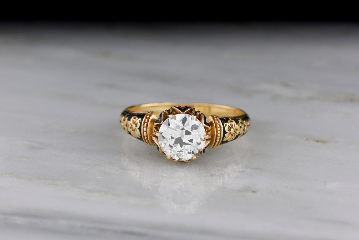 PRIVATE LISTING—Payment 1 of 2: Victorian 18K Gold Ring with Black Enamel and a GIA 1.20 Carat Old European Cut Diamond
