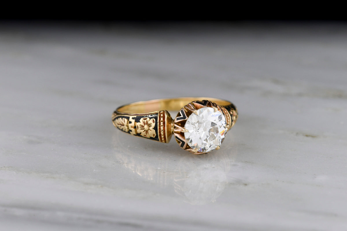 PRIVATE LISTING—Payment 1 of 2: Victorian 18K Gold Ring with Black Enamel and a GIA 1.20 Carat Old European Cut Diamond