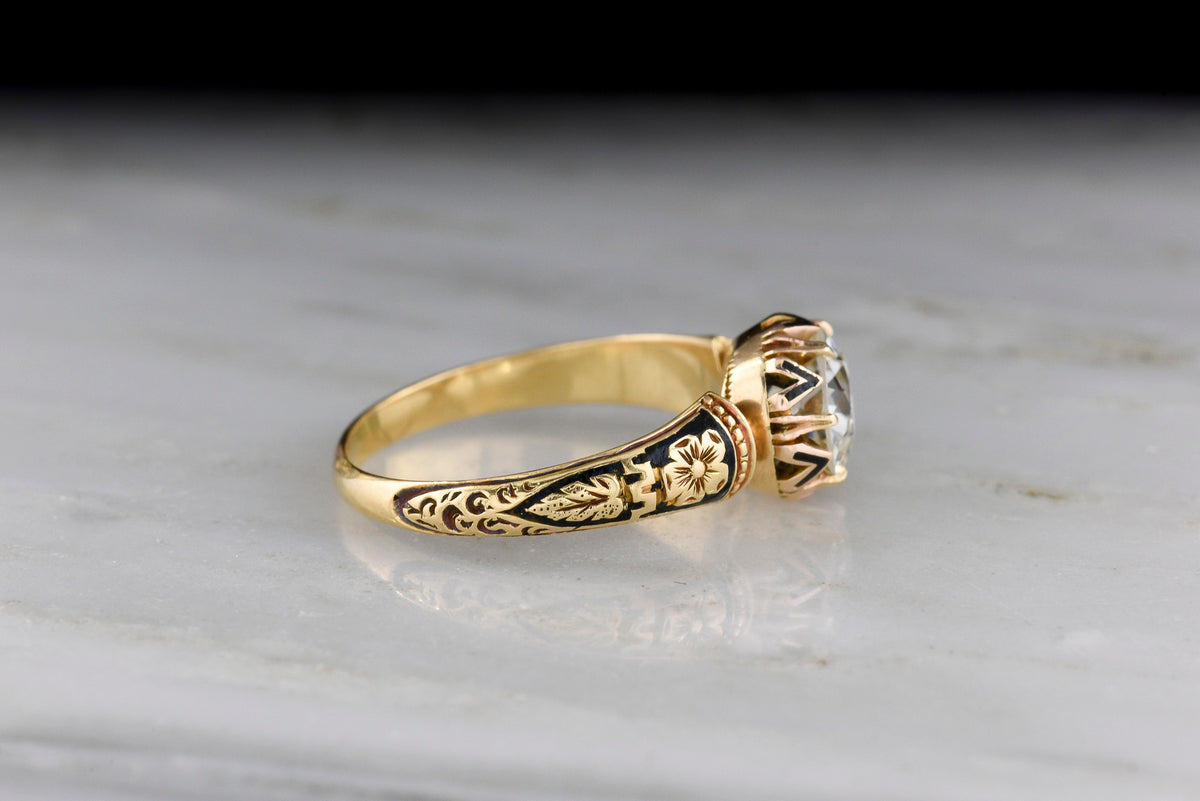 PRIVATE LISTING—Payment 1 of 2: Victorian 18K Gold Ring with Black Enamel and a GIA 1.20 Carat Old European Cut Diamond
