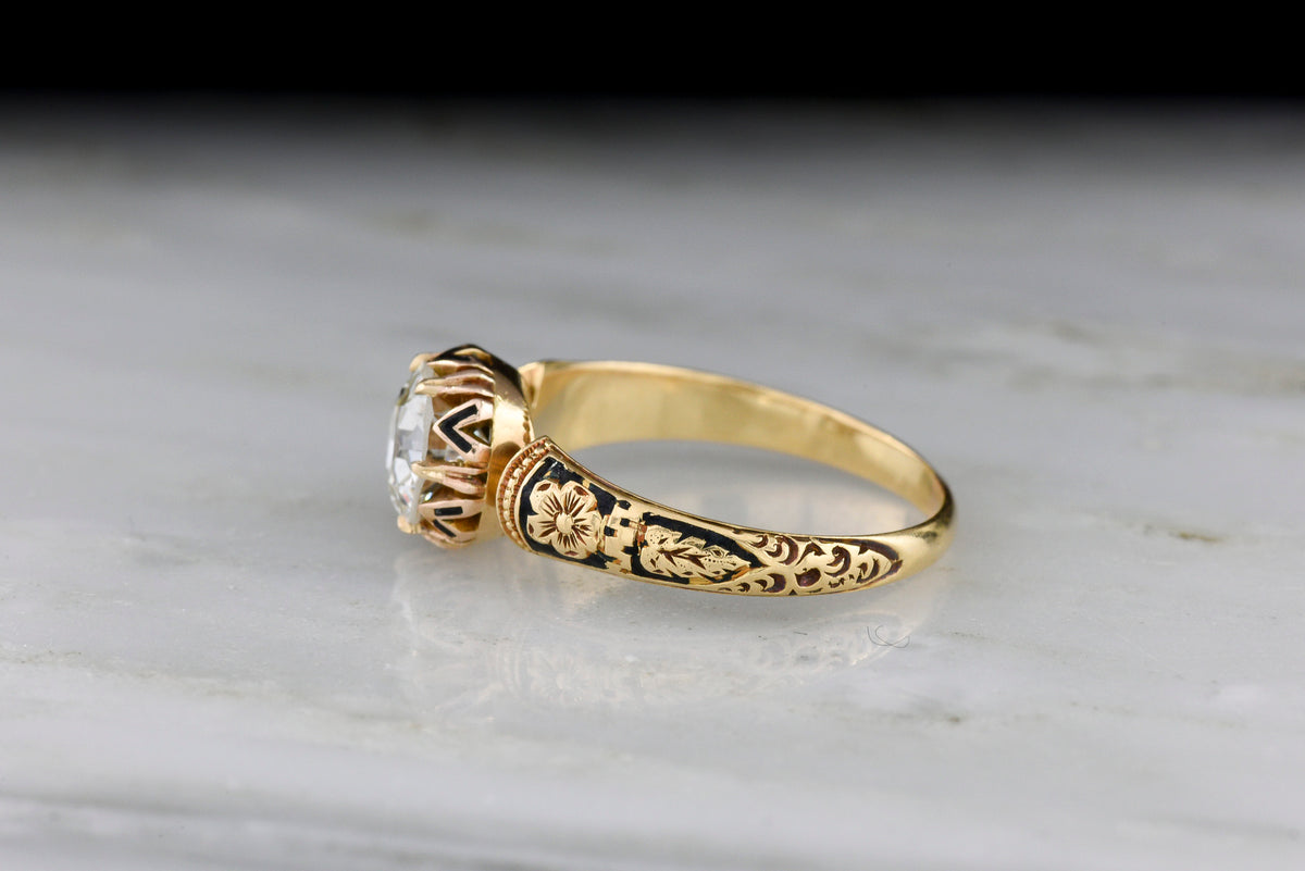 PRIVATE LISTING—Payment 1 of 2: Victorian 18K Gold Ring with Black Enamel and a GIA 1.20 Carat Old European Cut Diamond