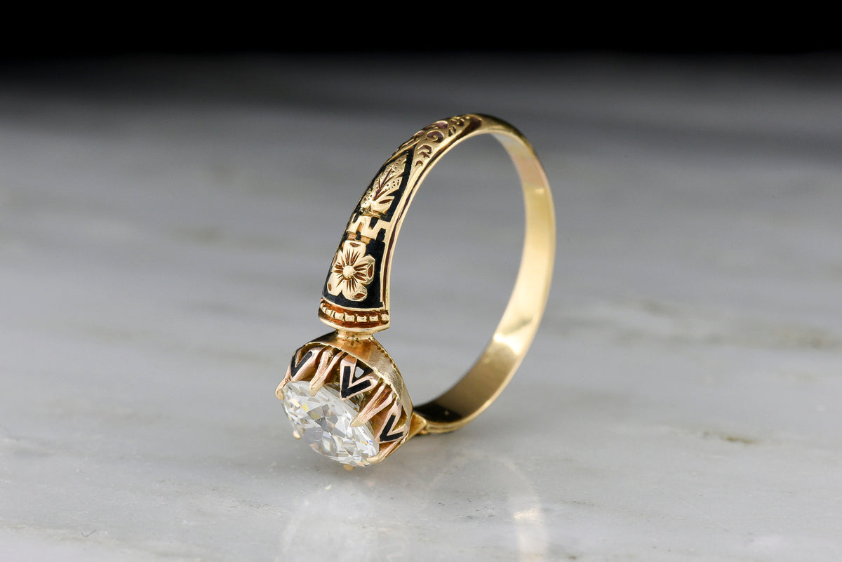 PRIVATE LISTING—Payment 1 of 2: Victorian 18K Gold Ring with Black Enamel and a GIA 1.20 Carat Old European Cut Diamond