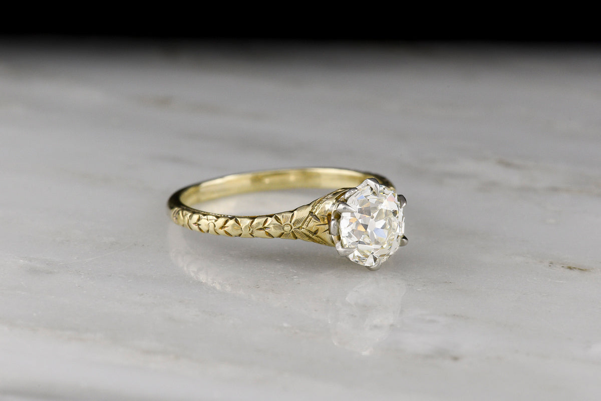 Post--WWI Era Two-Tone Solitaire Engagement Ring with an Orange Blossom Pattern