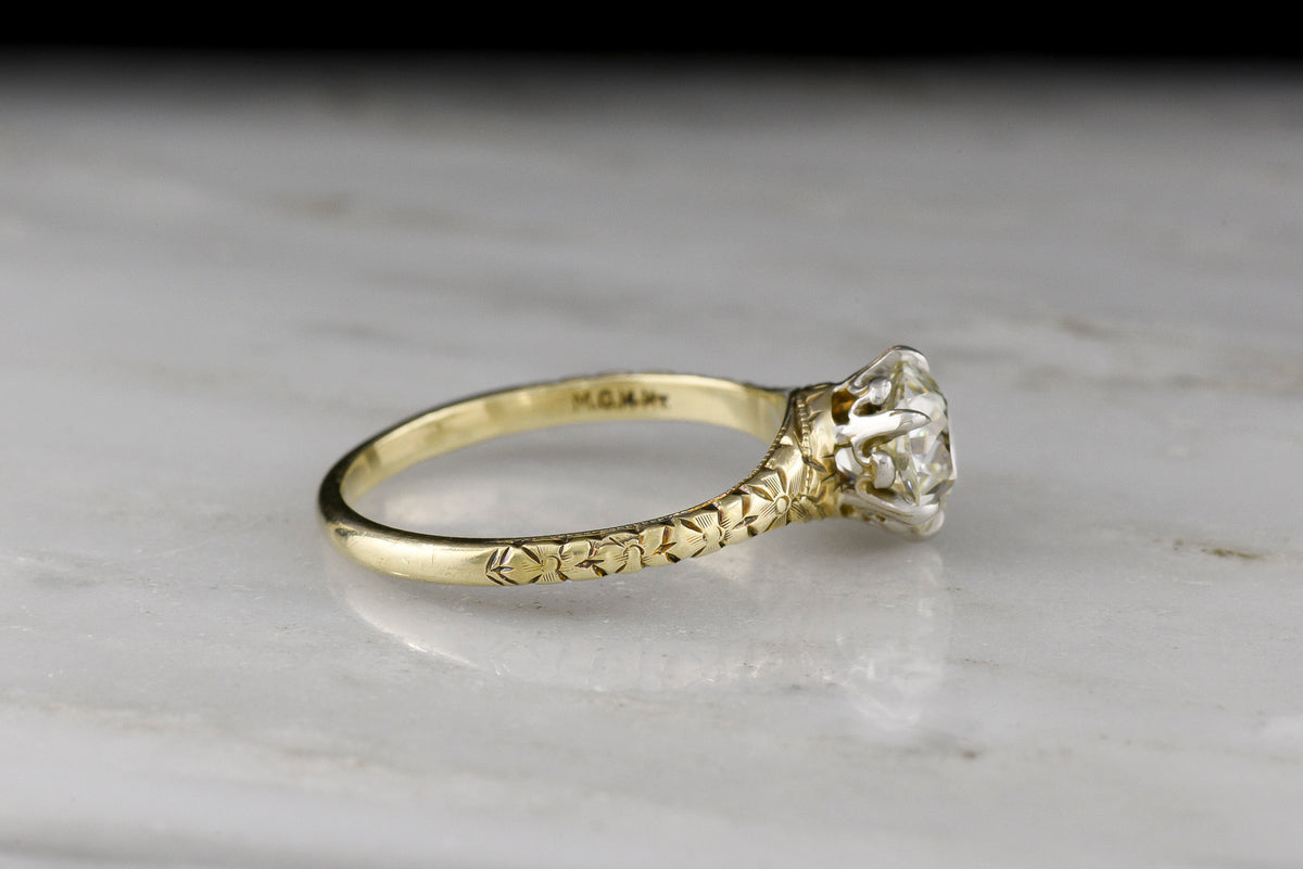 Post--WWI Era Two-Tone Solitaire Engagement Ring with an Orange Blossom Pattern