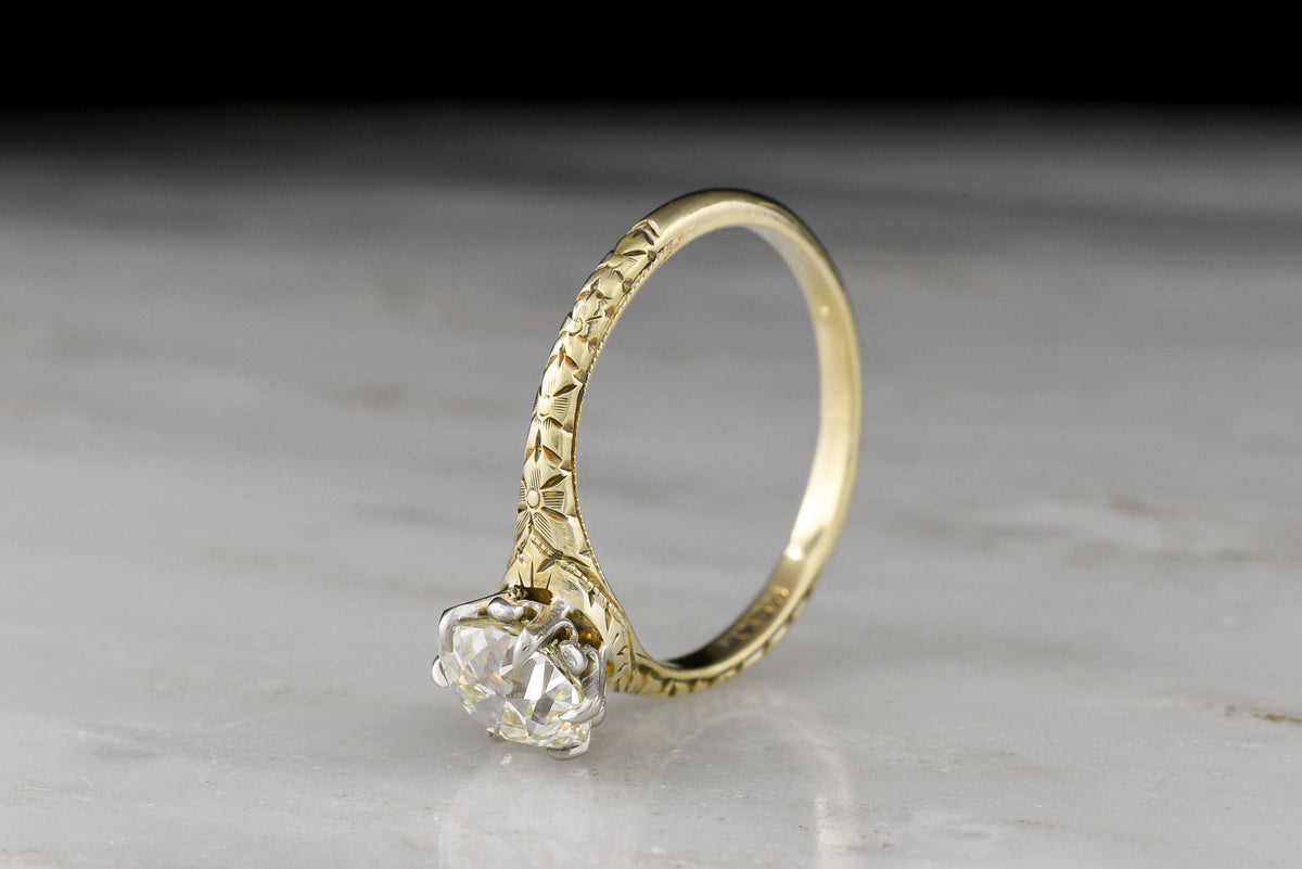 Post--WWI Era Two-Tone Solitaire Engagement Ring with an Orange Blossom Pattern