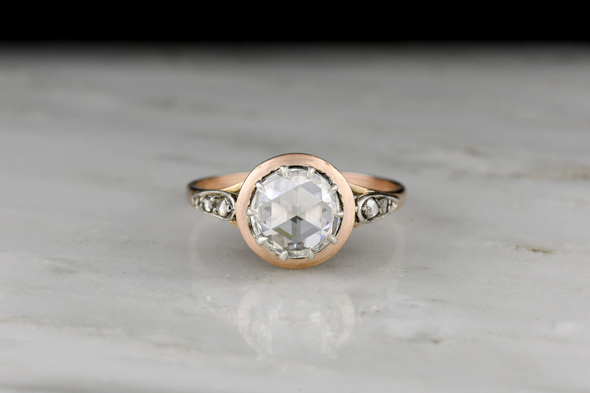 c. 1890s Victorian Two-Tone Engagement Ring with a Silver Top and Round Rose Cut Diamond