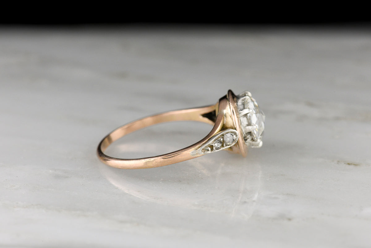 c. 1890s Victorian Two-Tone Engagement Ring with a Silver Top and Round Rose Cut Diamond