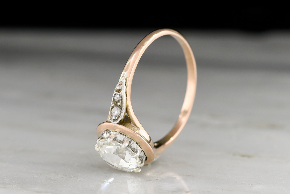 c. 1890s Victorian Two-Tone Engagement Ring with a Silver Top and Round Rose Cut Diamond