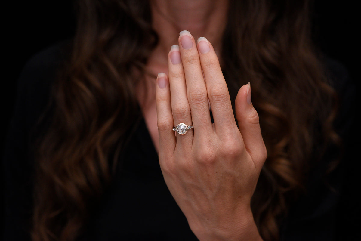 c. 1890s Victorian Two-Tone Engagement Ring with a Silver Top and Round Rose Cut Diamond