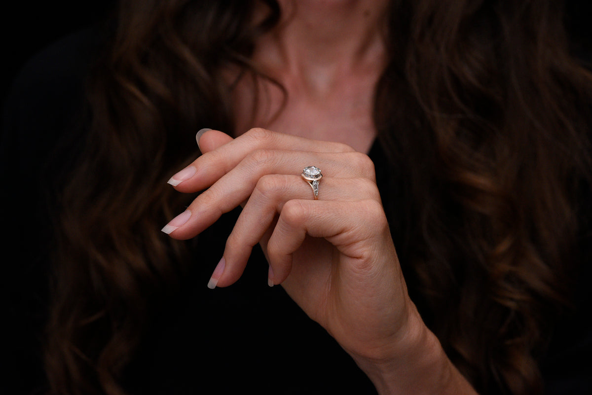 c. 1890s Victorian Two-Tone Engagement Ring with a Silver Top and Round Rose Cut Diamond