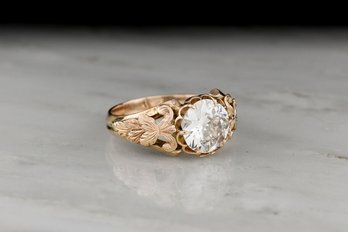 Handmade Victorian-Era Engagement Ring with a Carved Nature Motif in the Shoulders