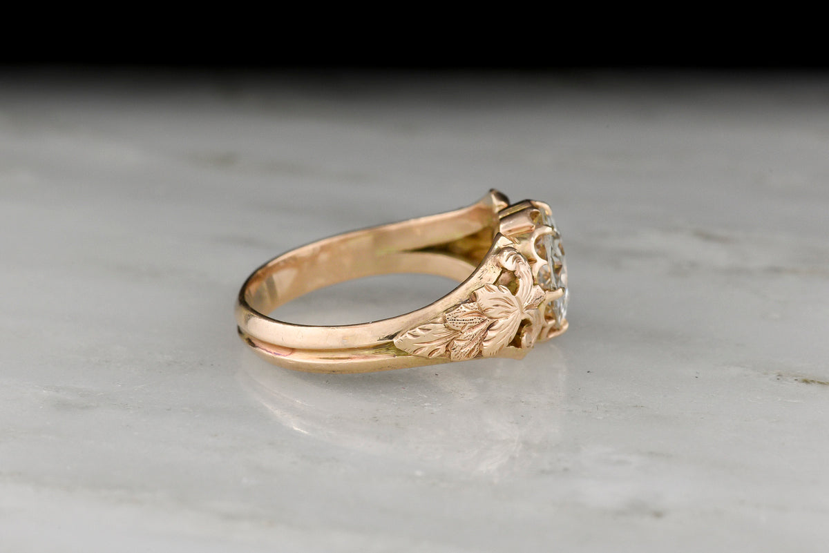 Handmade Victorian-Era Engagement Ring with a Carved Nature Motif in the Shoulders