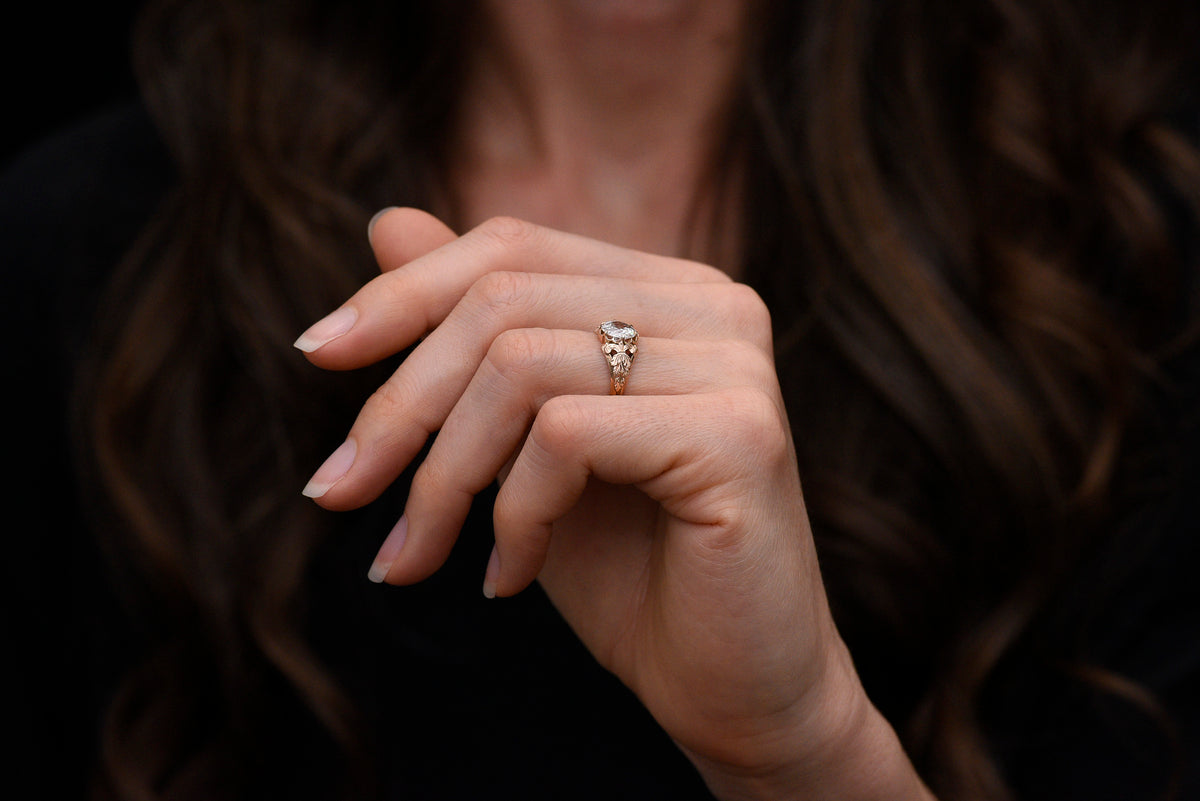 Handmade Victorian-Era Engagement Ring with a Carved Nature Motif in the Shoulders