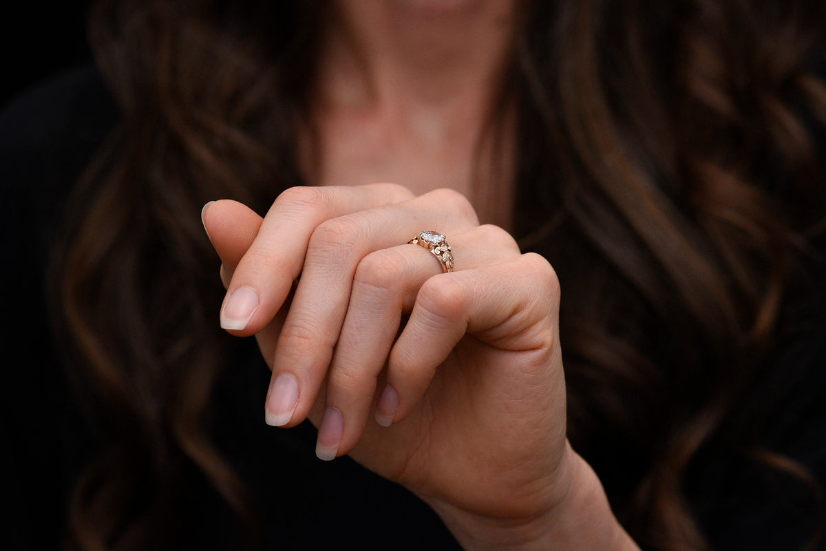 Handmade Victorian-Era Engagement Ring with a Carved Nature Motif in the Shoulders