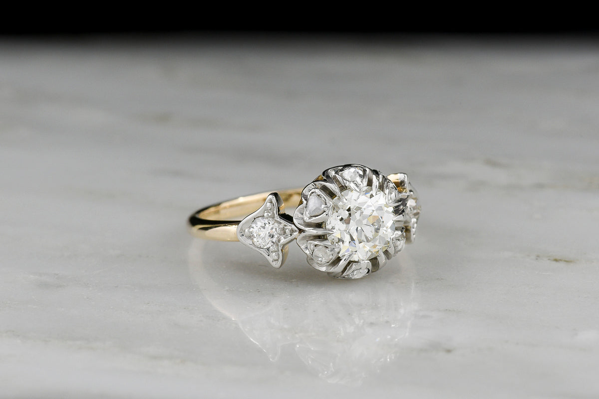 Edwardian / Belle Époque / Gilded Age Engagement Ring in Gold and Platinum with Floral Design Motifs