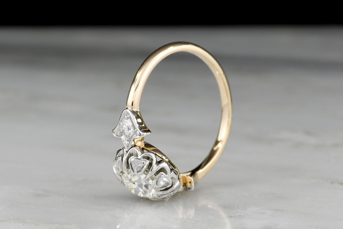Edwardian / Belle Époque / Gilded Age Engagement Ring in Gold and Platinum with Floral Design Motifs