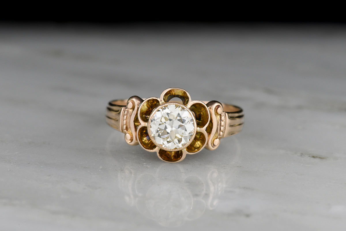Late Victorian Bezel-Buttercup Engagement Ring with Greek Ionic Shoulders