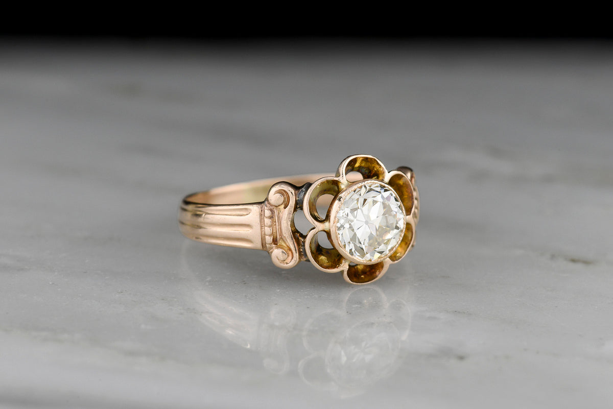 Late Victorian Bezel-Buttercup Engagement Ring with Greek Ionic Shoulders