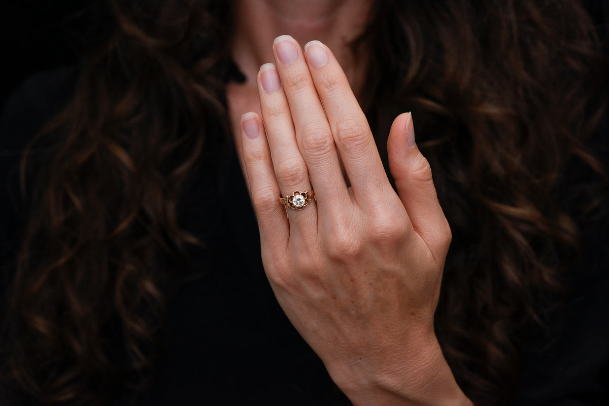 Late Victorian Bezel-Buttercup Engagement Ring with Greek Ionic Shoulders