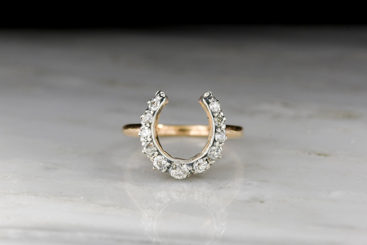 Mid-Late 1800s Victorian Horseshoe Diamond Ring in 18K Gold and Silver