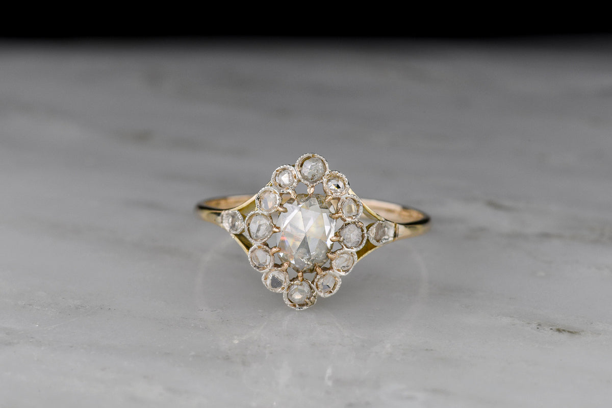 Antique Dutch-Style Oval Rose Cut Diamond Right-Hand Cluster Ring in Gold and Silver