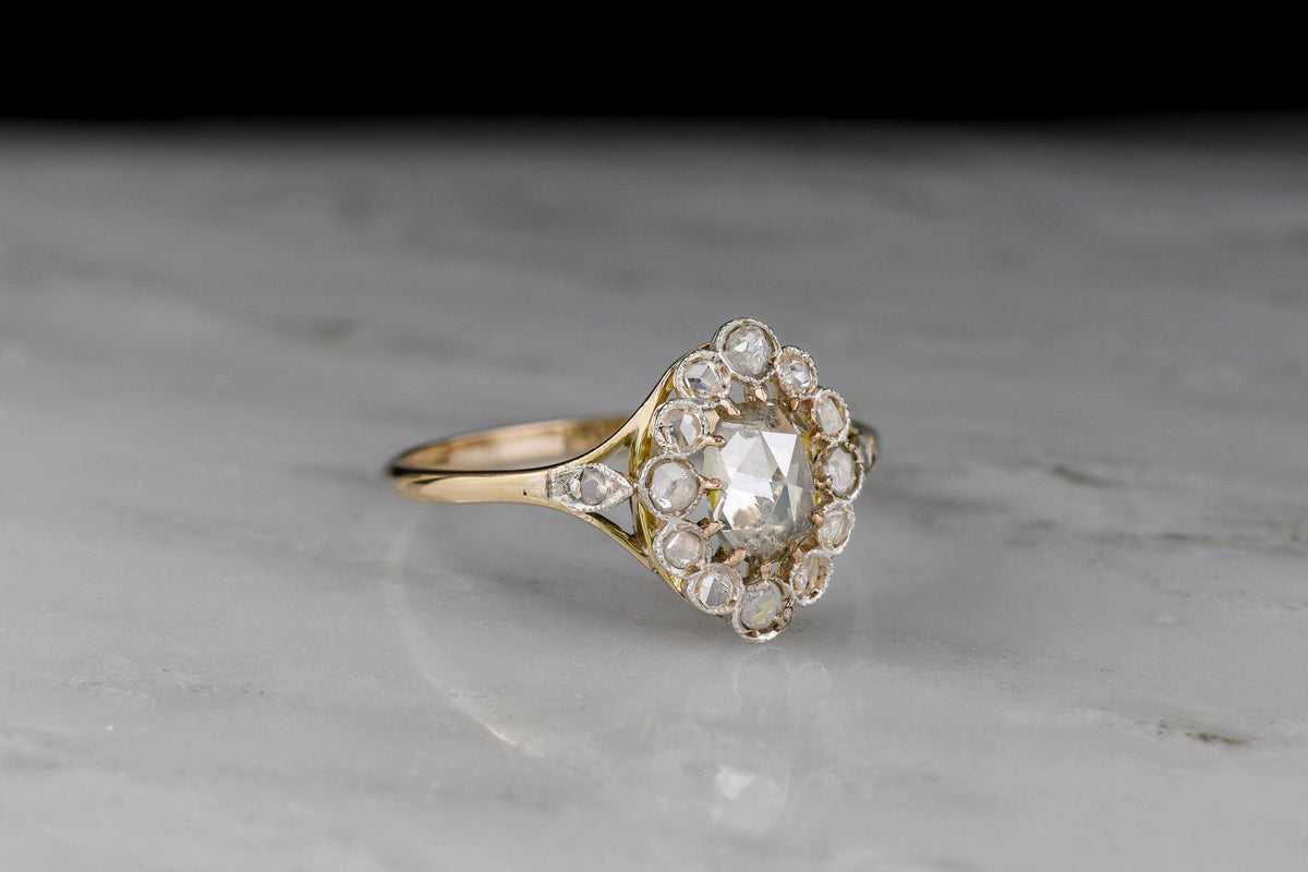 Antique Dutch-Style Oval Rose Cut Diamond Right-Hand Cluster Ring in Gold and Silver