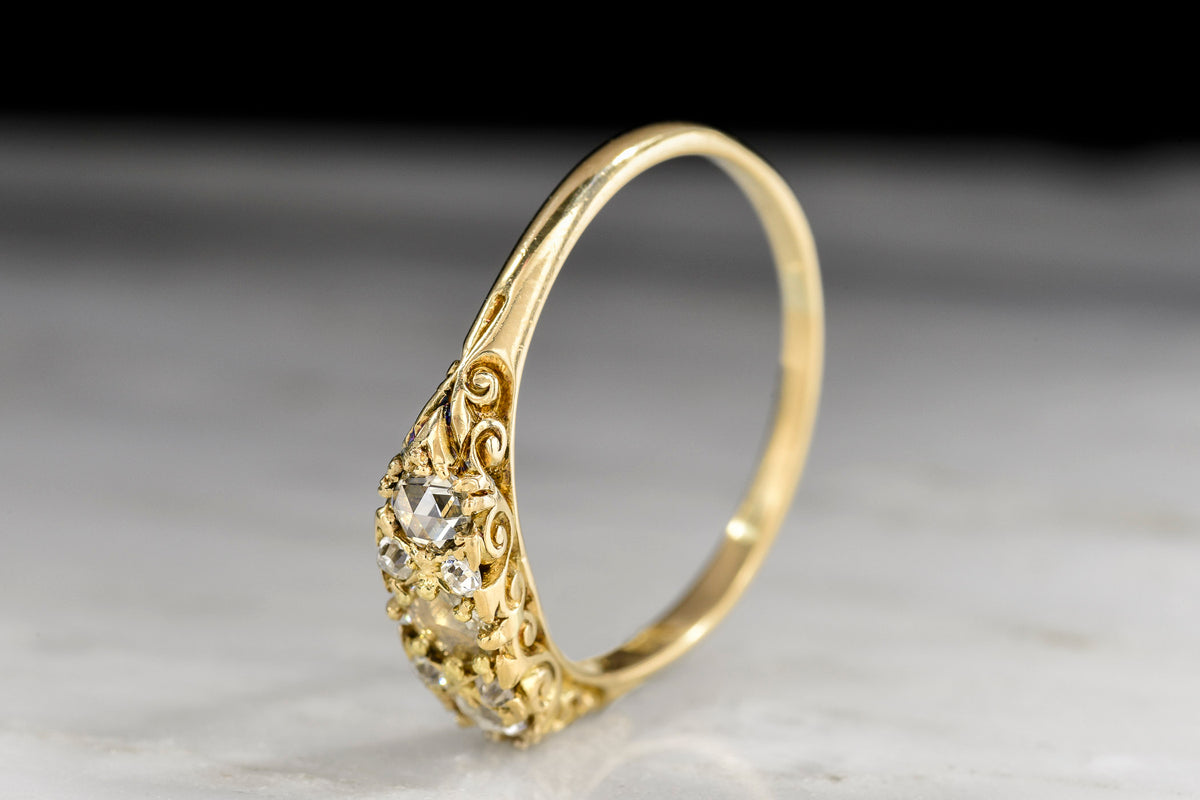 Late Victorian 18K Half Hoop Diamond Ring with High-Relief Scrollwork